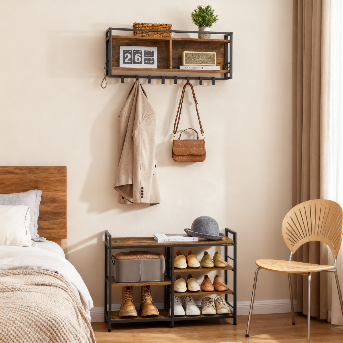 Tree Shoe Rack Hall Tree with Shoe Bench, 12-Hook Coat Rack & 4-Tier Shoe Storage, Mu ...