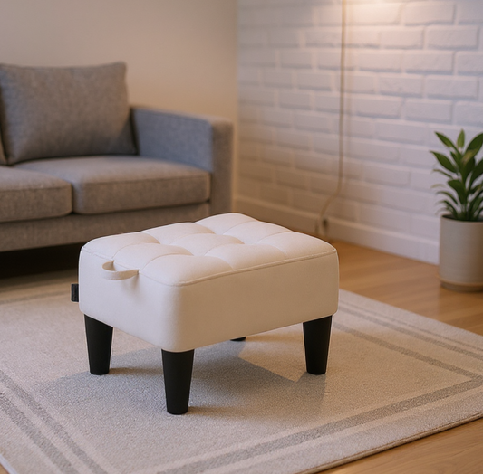 Small Ottoman Foot Stool with Thick Cushion & Hidden Storage, Sturdy Angled Legs for Living Room, Bedroom, Entryway, Cream White