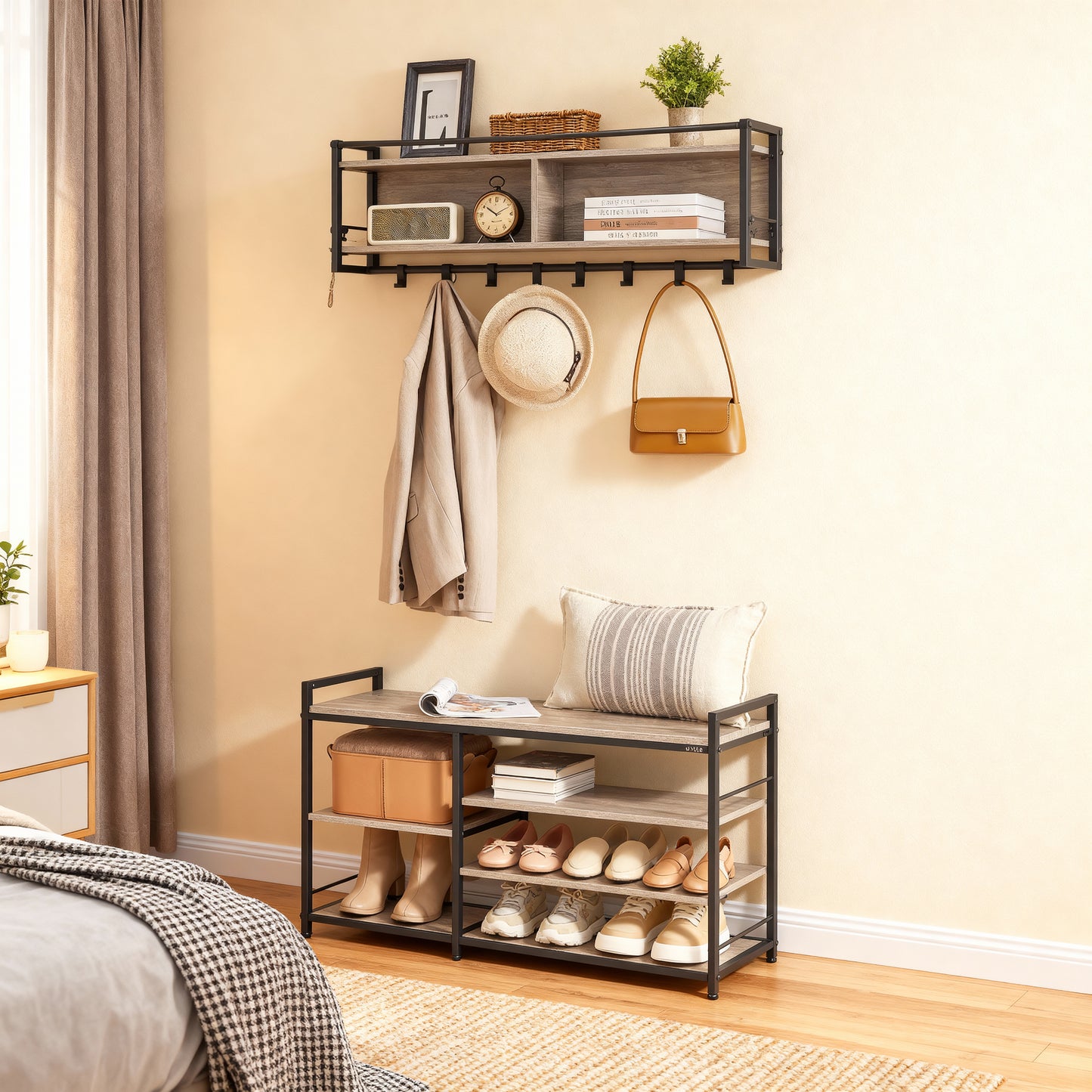 Hall Tree with Shoe Bench, 12-Hook Coat Rack & 4-Tier Shoe Storage, Multifunctional Entryway Organizer, Heather Greige