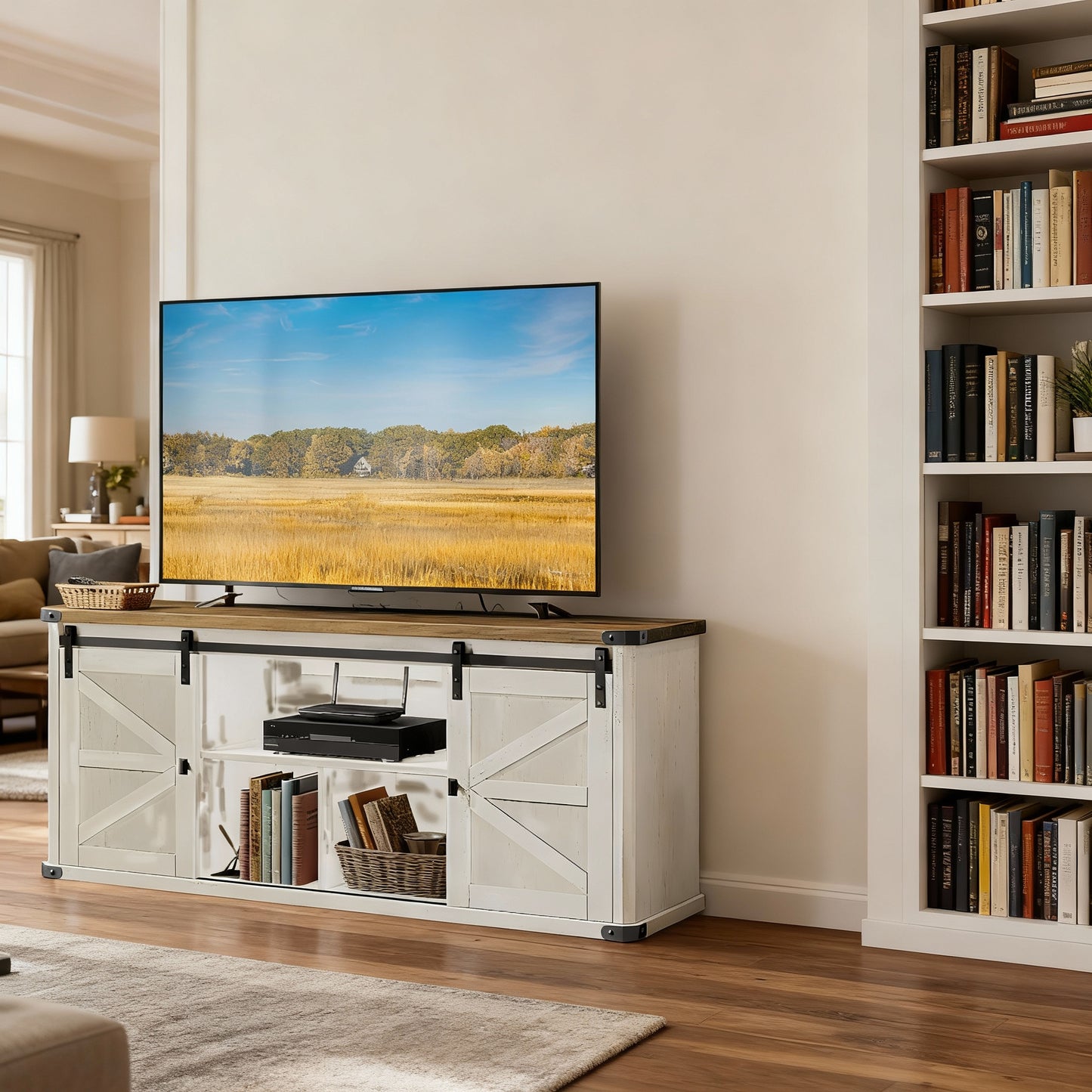 65-Inch Farmhouse TV Stand, Entertainment Center with Sliding Barn Doors & Built-In Charging Station, 7-Compartment Storage, Rustic White & Honey Brown