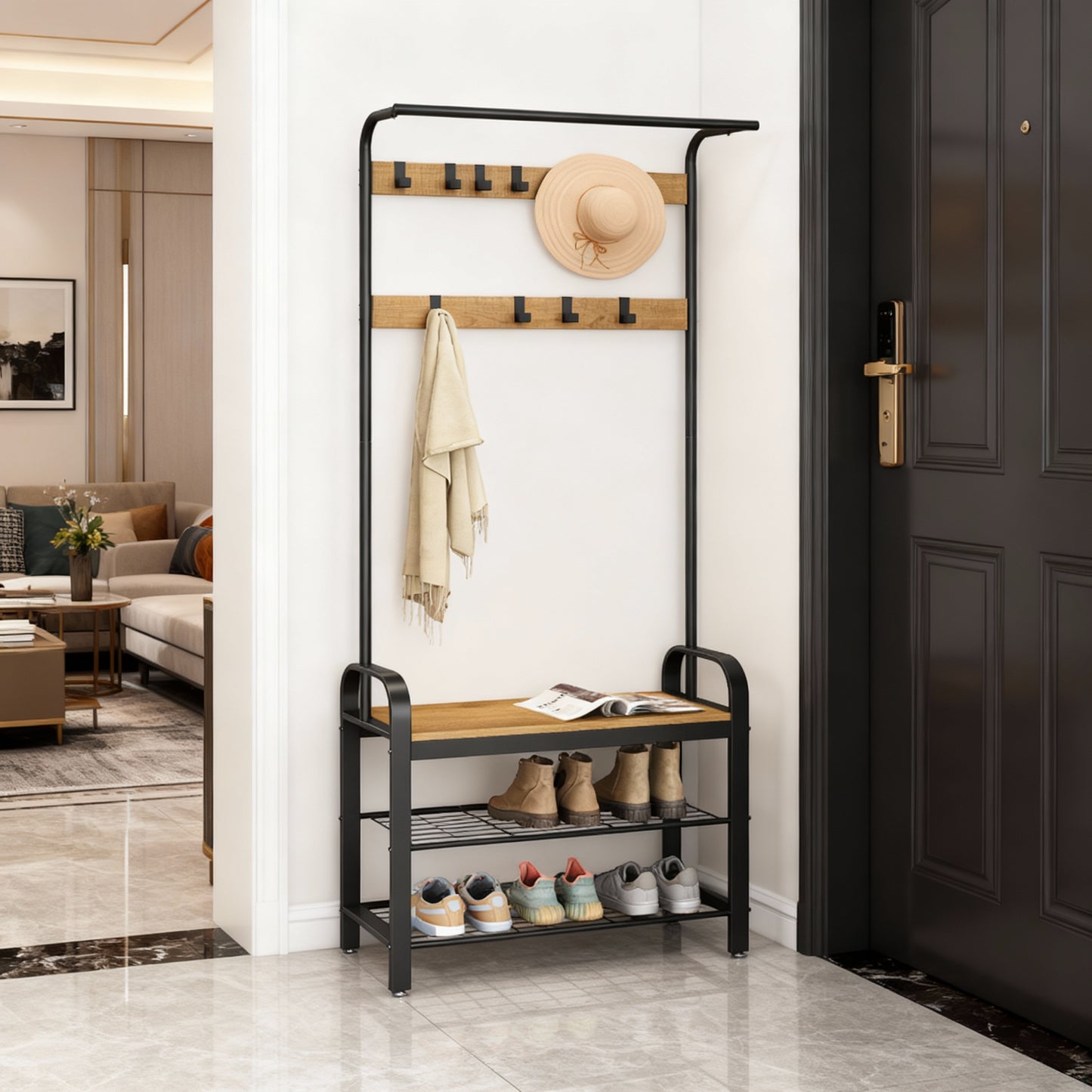 4-in-1 Hall Tree with Shoe Bench, Entryway Organizer with 9 Removable Hooks & Hanging Rod, 72.1 Inch Coat Rack, Honey Brown & Black