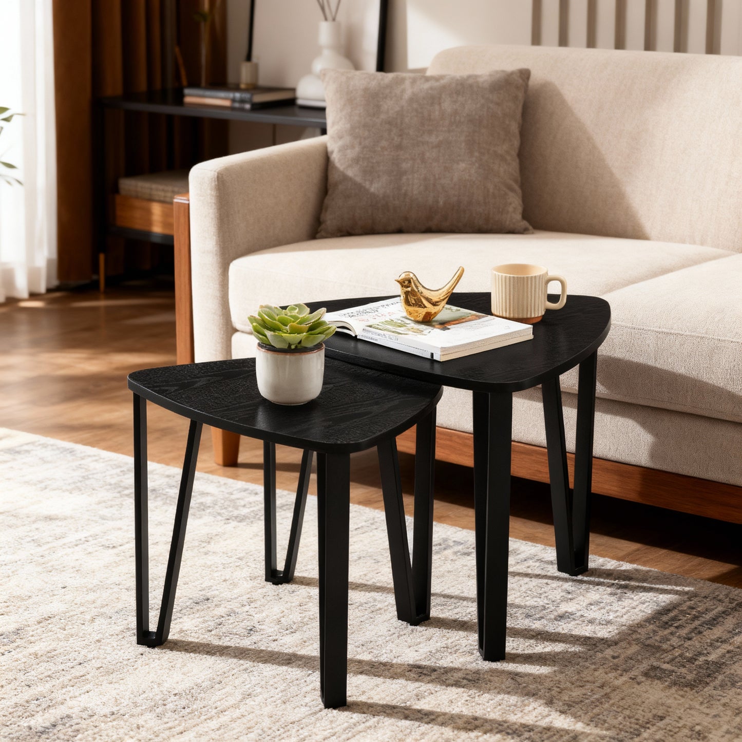 Set of 2 Nesting Coffee Tables, Industrial Stacking Side Tables with Metal Frame, 200 lb Capacity, Charcoal Gray & Black