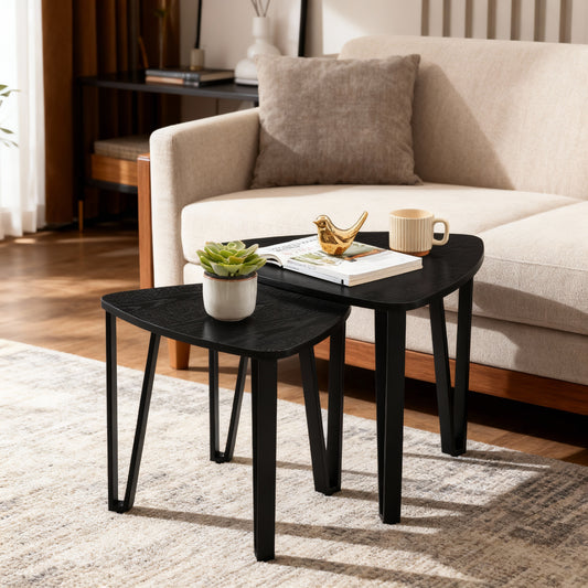 Set of 2 Nesting Coffee Tables, Industrial Stacking Side Tables with Metal Frame, 200 lb Capacity, Charcoal Gray & Black