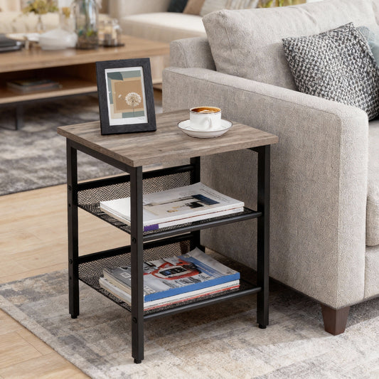 Set of 2 Industrial Nightstands, End Tables with Adjustable Mesh Shelves & Steel Frame, Greige & Black