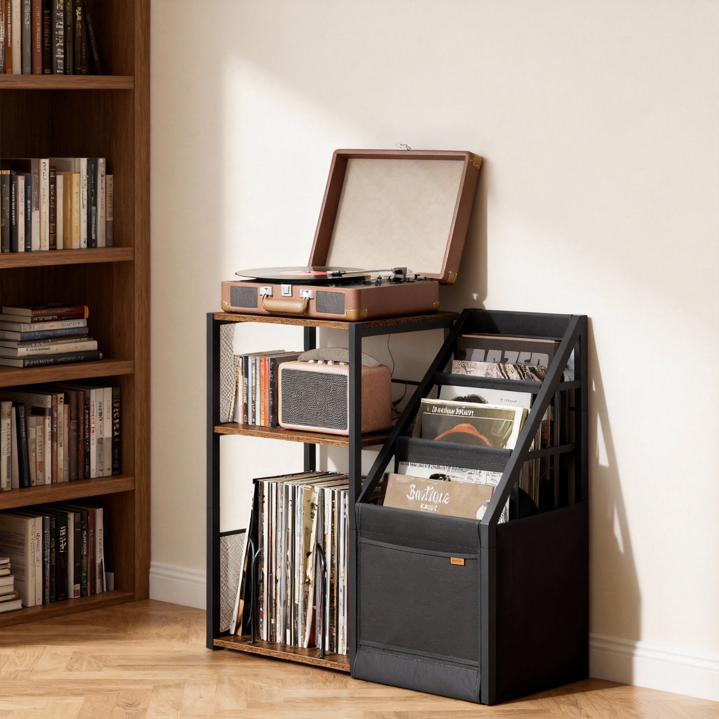 3-Tier Record Player Stand, Vinyl Record Storage for 140 Albums with Display Rack, Side Table for Living Room, Rustic Brown