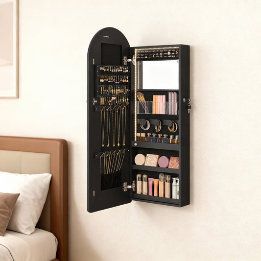 Wide Arched Mirror Jewelry Cabinet, LED Wall/Door Mounted Organizer with Lockable Storage & Interior Mirror, Ink Black