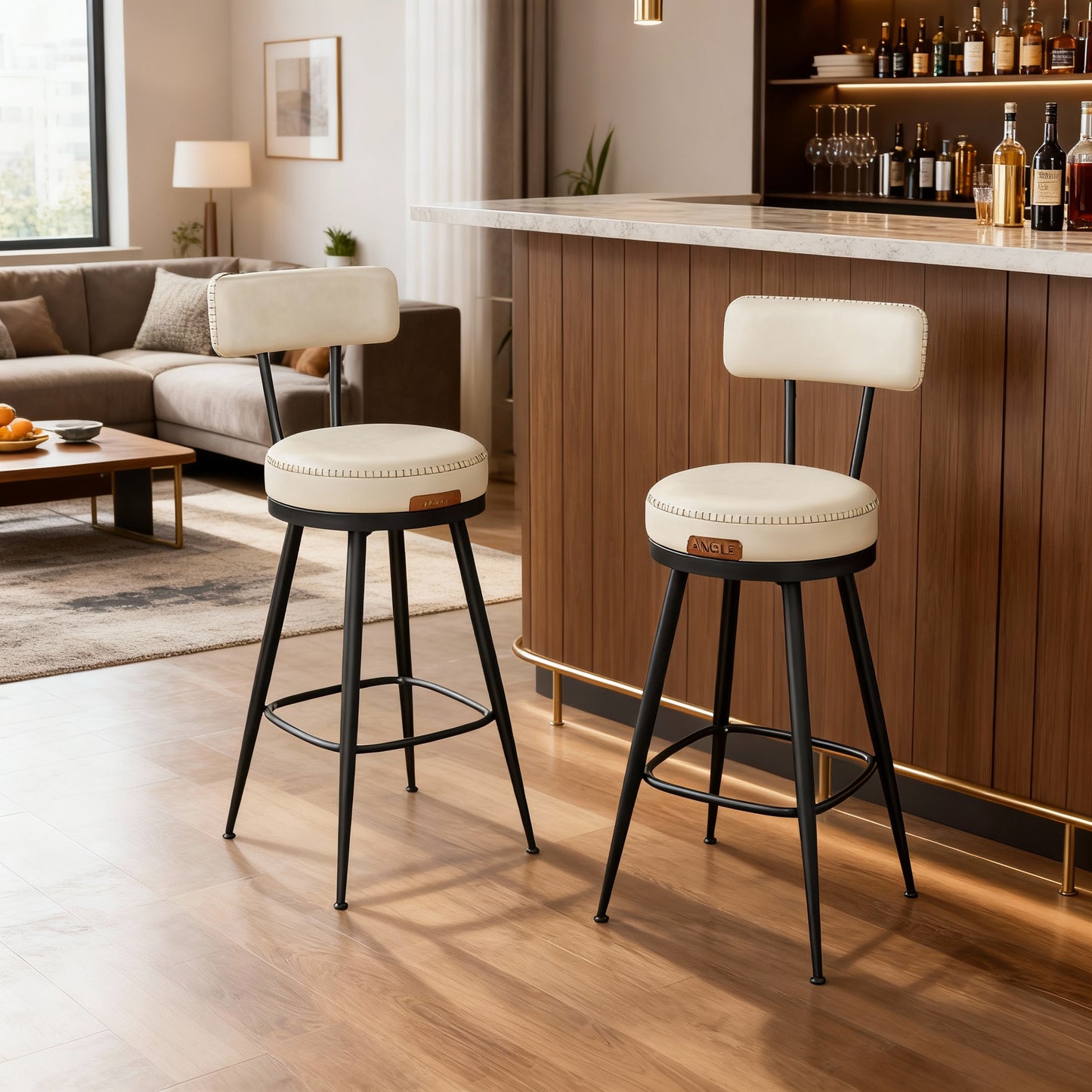 Set of 2 Swivel Bar Stools, 25.6-Inch Counter Height Stools with Backrest & Synthetic Leather, Mid-Century Modern, Cream White