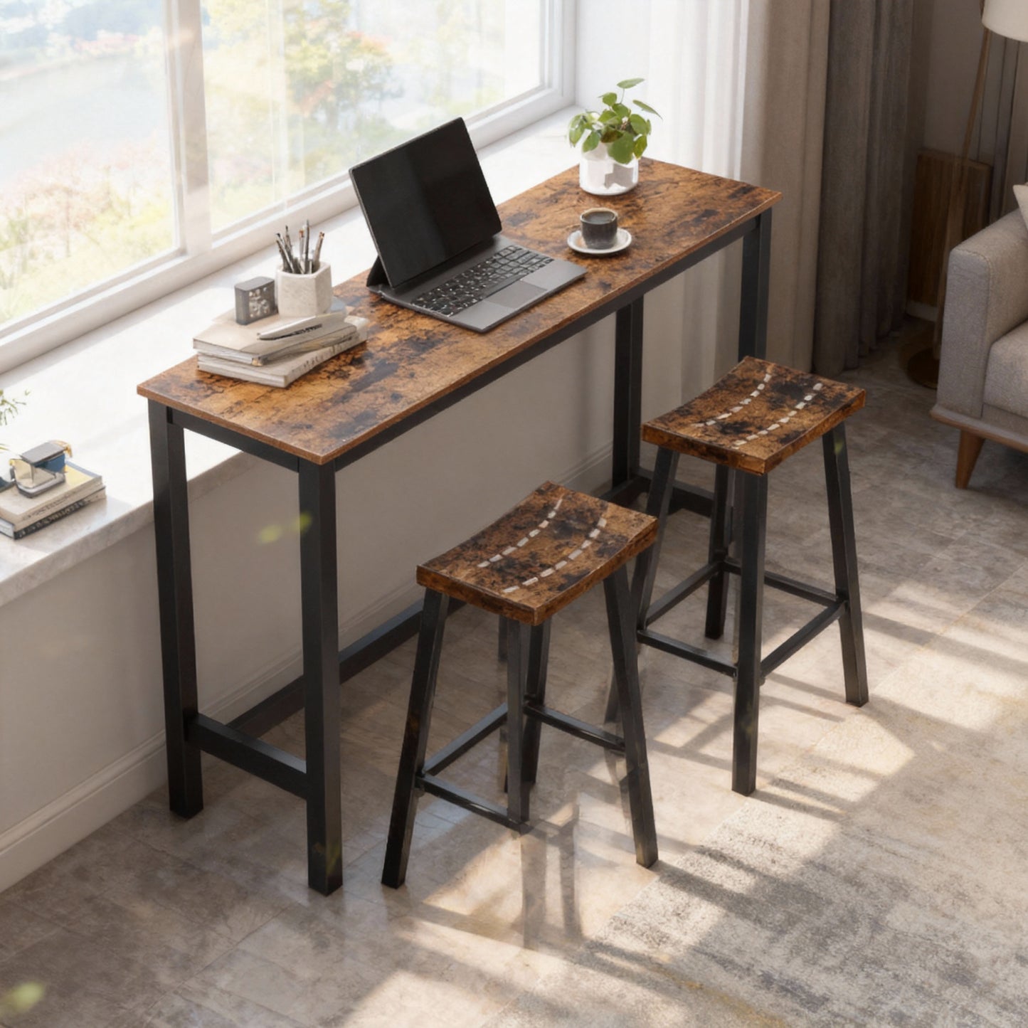 Set of 2 Industrial Bar Stools, 29.1-Inch Counter Height Stools with Footrest & Curved Seat, Rustic Brown