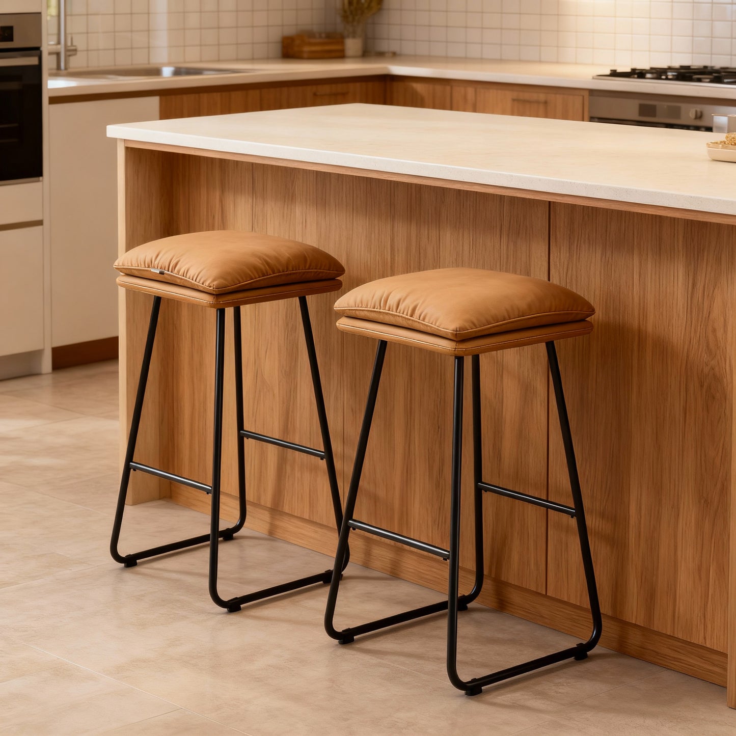 Set of 2 Counter Height Bar Stools, 25.6-Inch Kitchen Island Stools with Soft Cushion & Sled Base, Synthetic Leather