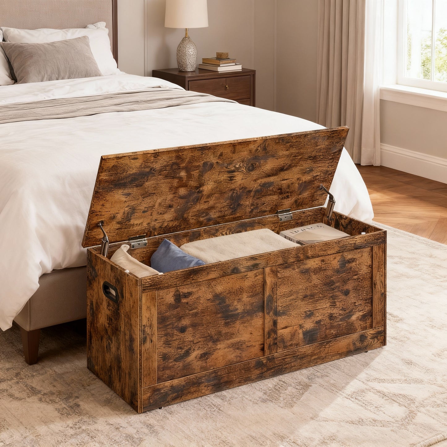 Large Farmhouse Storage Bench with Safety Hinges, for Entryway, Living Room & Bedroom, 300 lb Capacity, Rustic Brown
