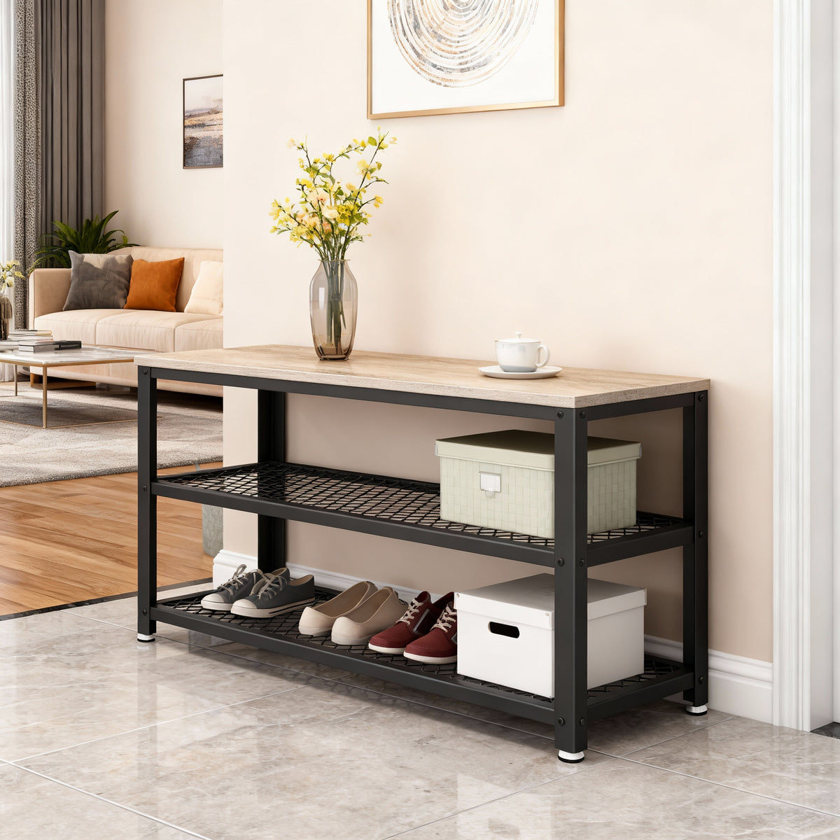 3-Tier Shoe Rack Bench, Free Standing Shoe Organizer with Metal Mesh S ...