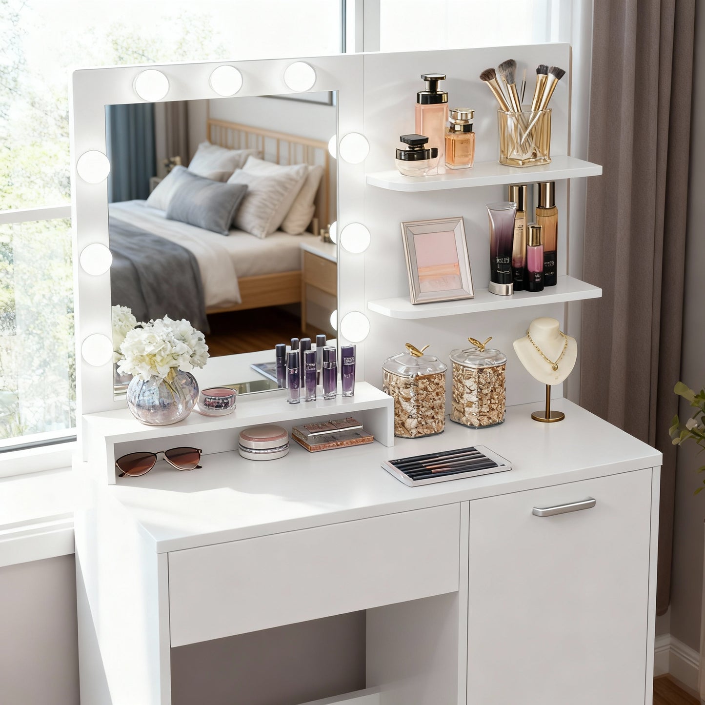 Vanity Desk with LED Mirror & Power Outlets, 35.4 Inch Makeup Table with Drawer, Cabinet & 3 Shelves, Charging Station for Bedroom, Cloud White