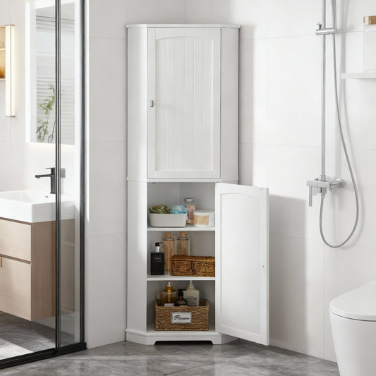 Tall Corner Storage Cabinet, 65.5 Inch Farmhouse Organizer with 2 Doors & 4 Adjustable Shelves, Anti-Tip Design for Bathroom Kitchen Living Room, White