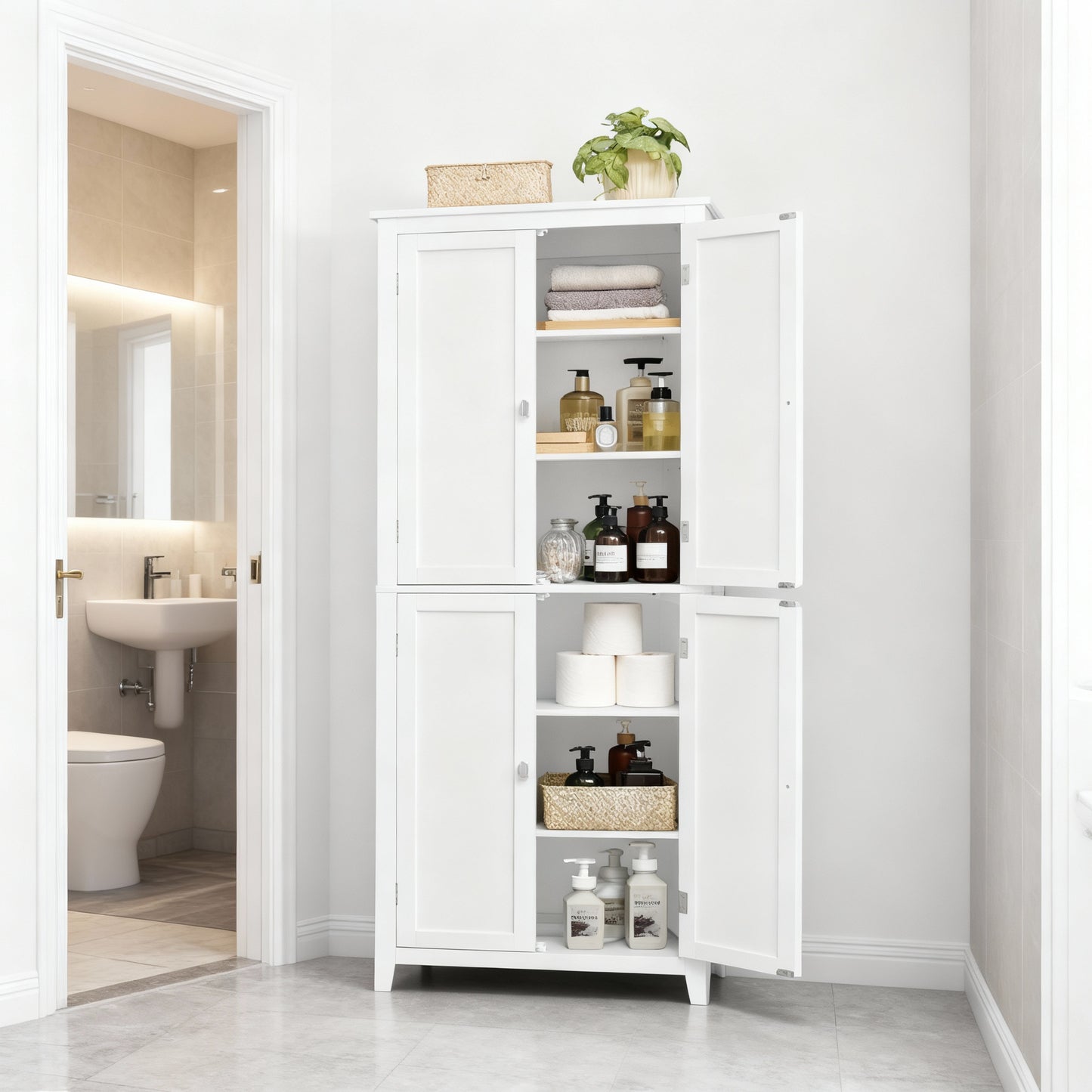 Tall Floor Storage Cabinet, 66.9 Inch Freestanding Organizer with 4 Doors & Adjustable Shelves, for Entryway Bathroom, Cloud White