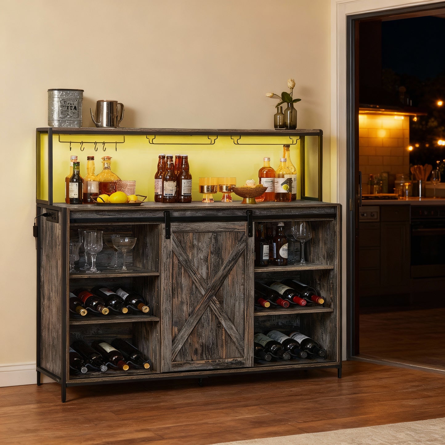 Coffee Bar Cabinet with Voice Control LED Light & Power Outlet, Buffet with Sliding Barn Doors, Wine Glass Racks & Bottle Holders, Maple Gray