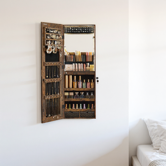 Mirror Jewelry Cabinet & Organizer – Full-Length LED Vanity Mirror, 2 Drawers, Lockable, Wall/Door Mount, 100+ Jewelry Slots, Rustic Brown