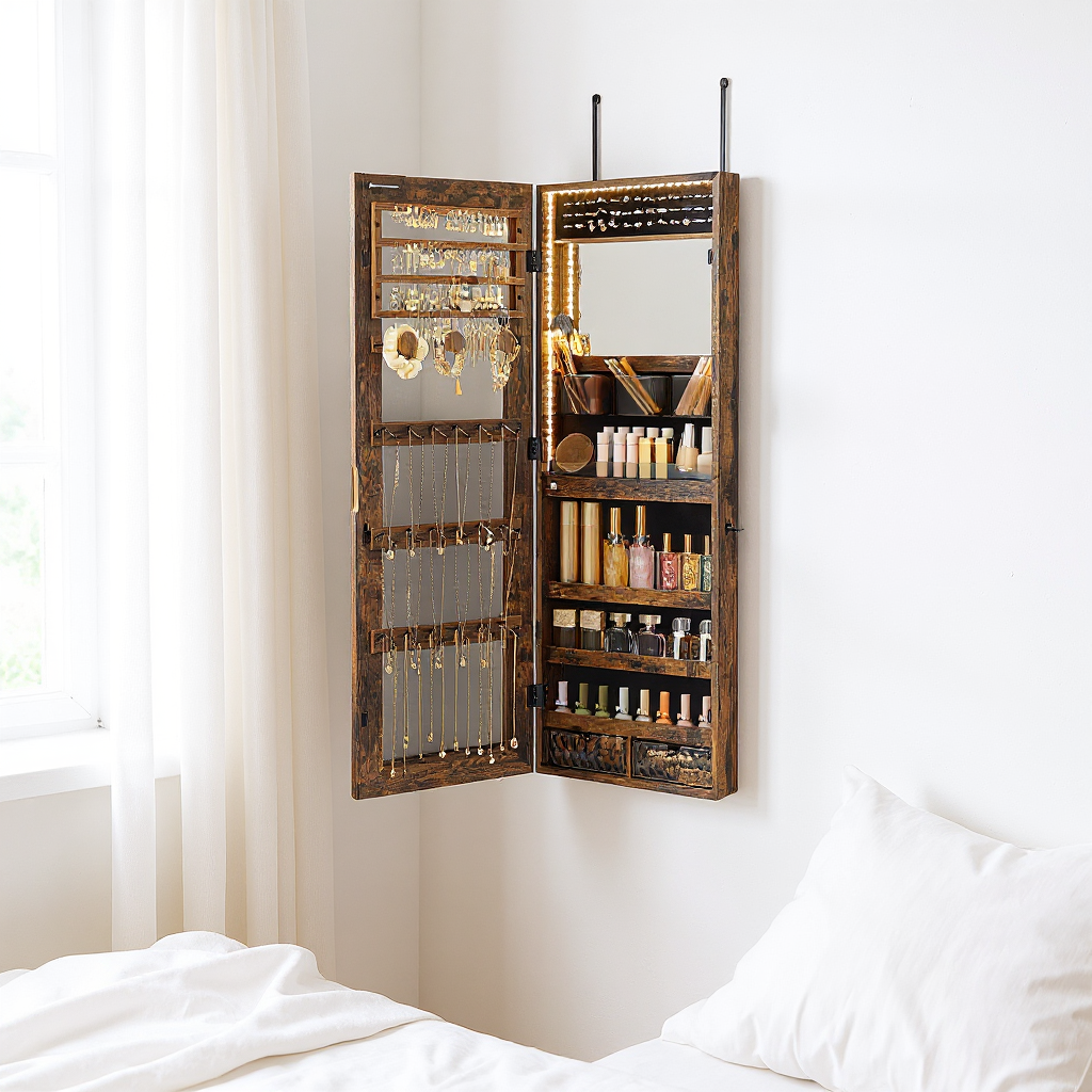 Mirror Jewelry Cabinet & Organizer – Full-Length LED Vanity Mirror, 2 Drawers, Lockable, Wall/Door Mount, 100+ Jewelry Slots, Rustic Brown