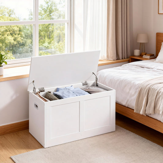 Storage Chest with Safety Hinges, Padded Shoe Bench and Farmhouse Storage Trunk, Entryway or Bedroom Seat, 15.7 x 31.5 x 18.3 Inches, Cloud White