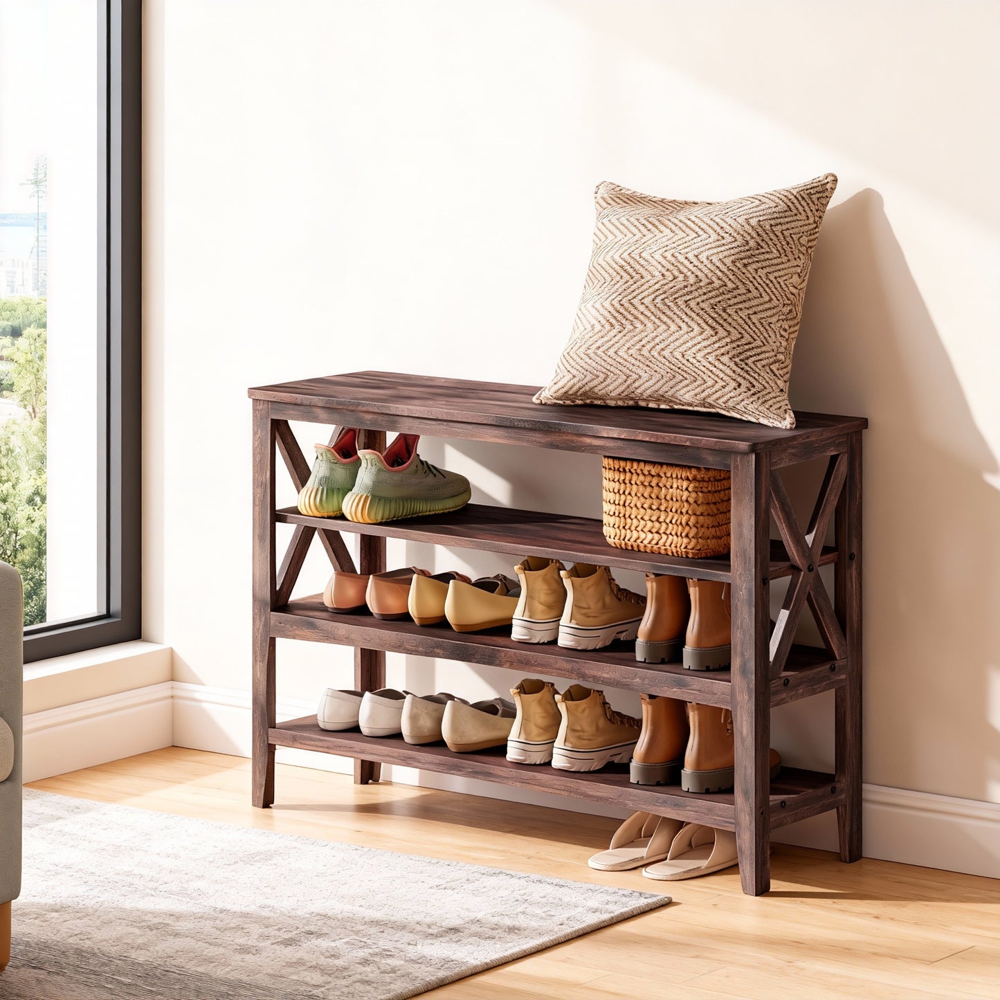 2-Tier Entryway Storage Bench with Shoe Rack, Farmhouse Style Padded Seat, 11.8 x 39.4 x 18.9 Inches, Holds Up to 600 lb, Maroon Brown