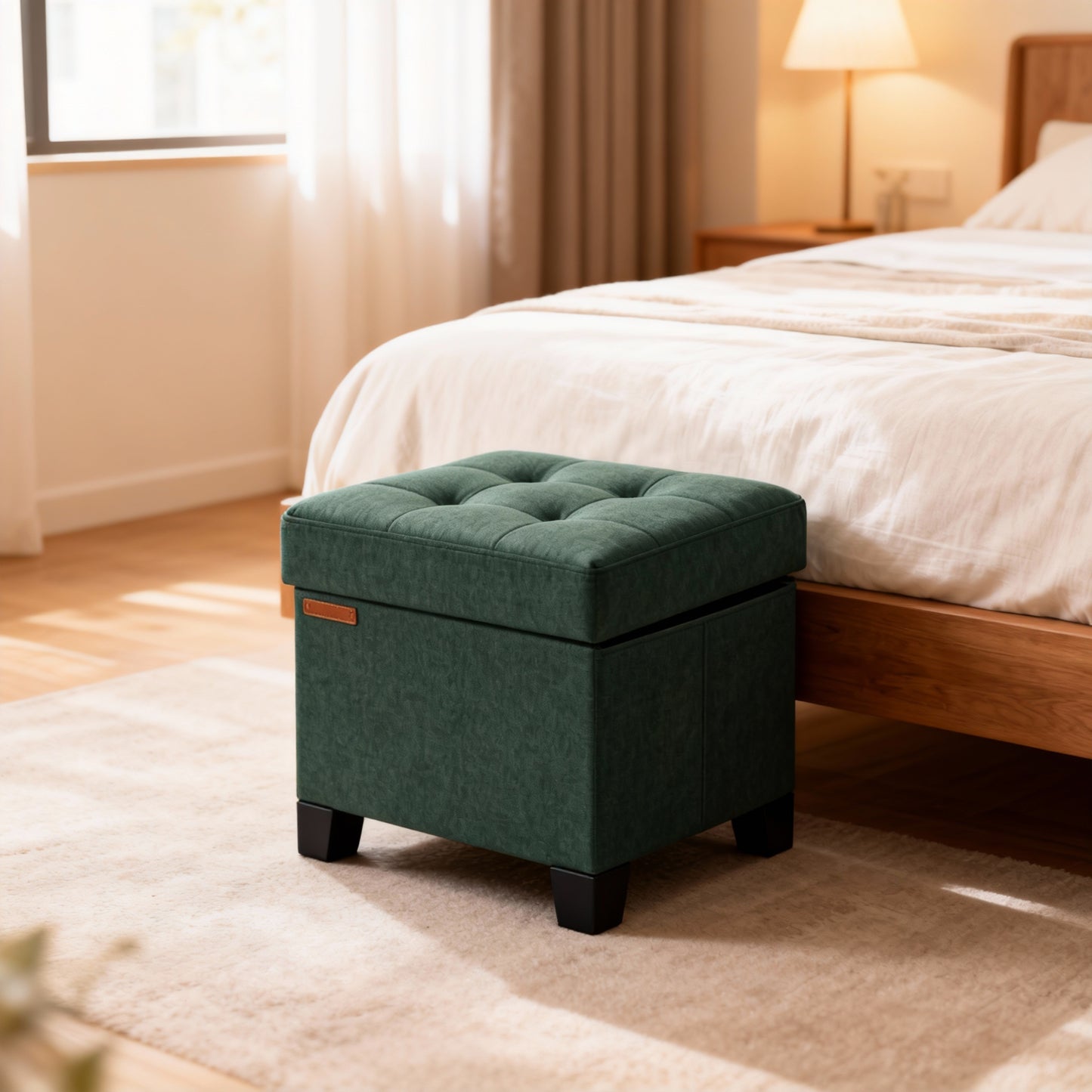 Small Storage Ottoman with Legs, 15x15x15.7 Inches Foot Stool, 10-Gallon Hidden Storage, Supports up to 660 lb, Multipurpose Seat for Living Room, Bedroom, Retro Green