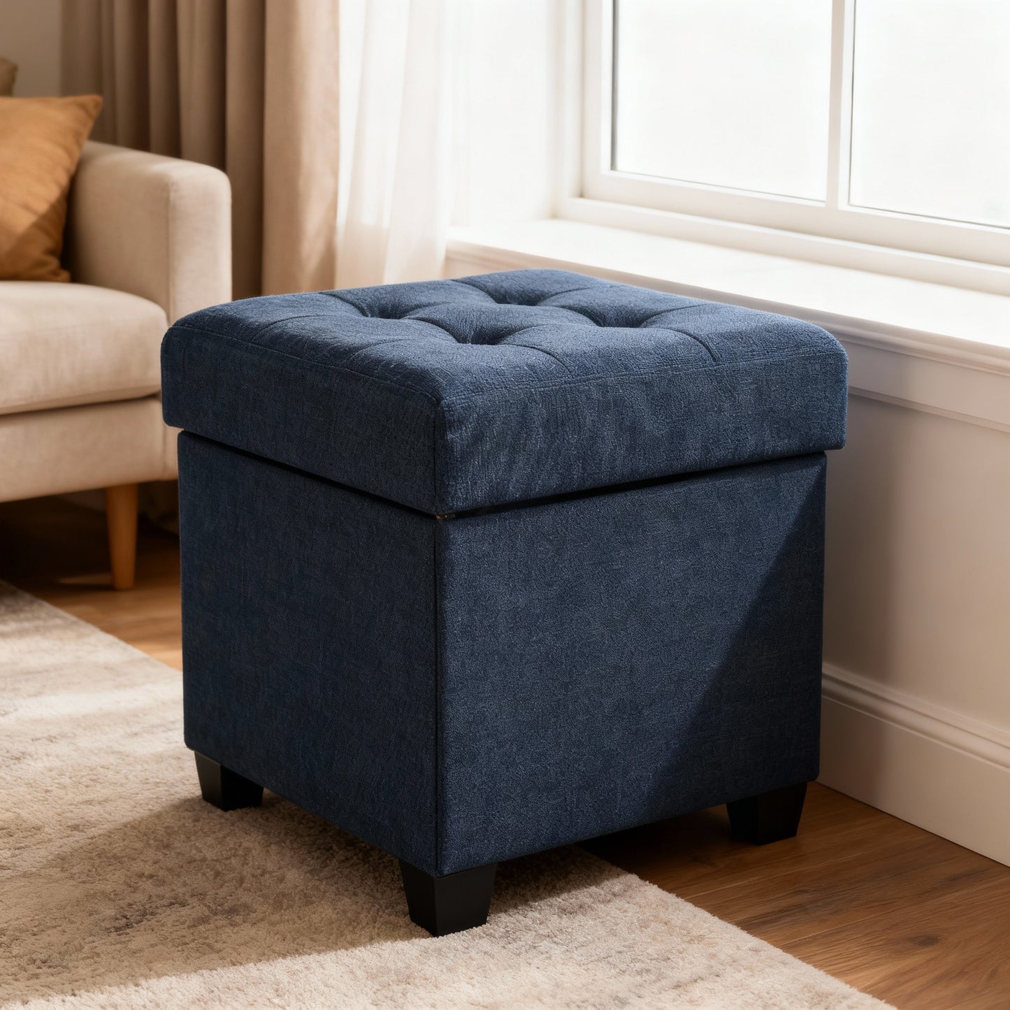 15-Inch Cube Storage Ottoman with Legs, Foot Stool Bench with 10-Gallon Hidden Storage, Supports up to 660 lb, Midnight Blue