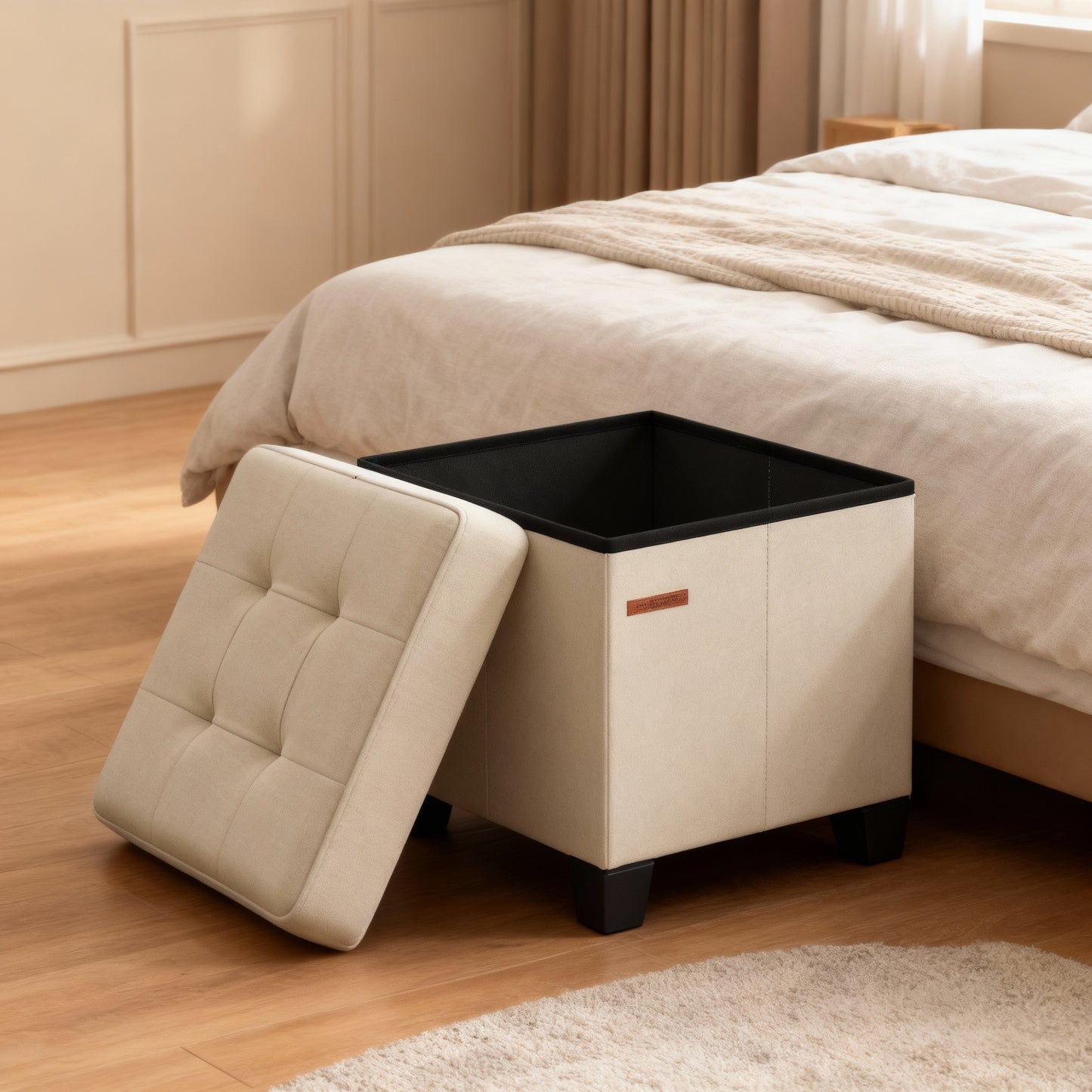 15-Inch Cube Storage Ottoman with Legs, Foot Stool Bench with 10-Gallon Hidden Storage, Supports up to 660 lb, Cream White