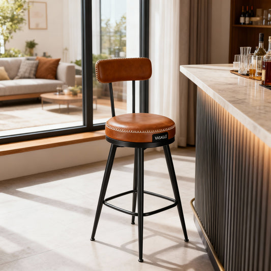 Set of 2 Swivel Counter Height Bar Stools with Back, Mid-Century Modern Kitchen & Home Bar Chairs, Padded Synthetic Leather Seats, 25.6-Inch Tall, Caramel Brown