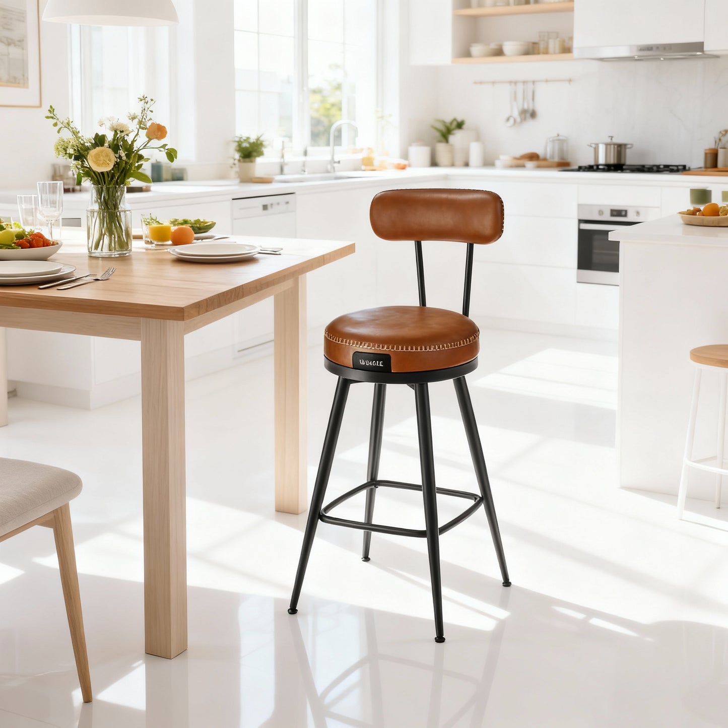 Set of 2 Swivel Counter Height Bar Stools with Back, Mid-Century Modern Kitchen & Home Bar Chairs, Padded Synthetic Leather Seats, 25.6-Inch Tall, Caramel Brown
