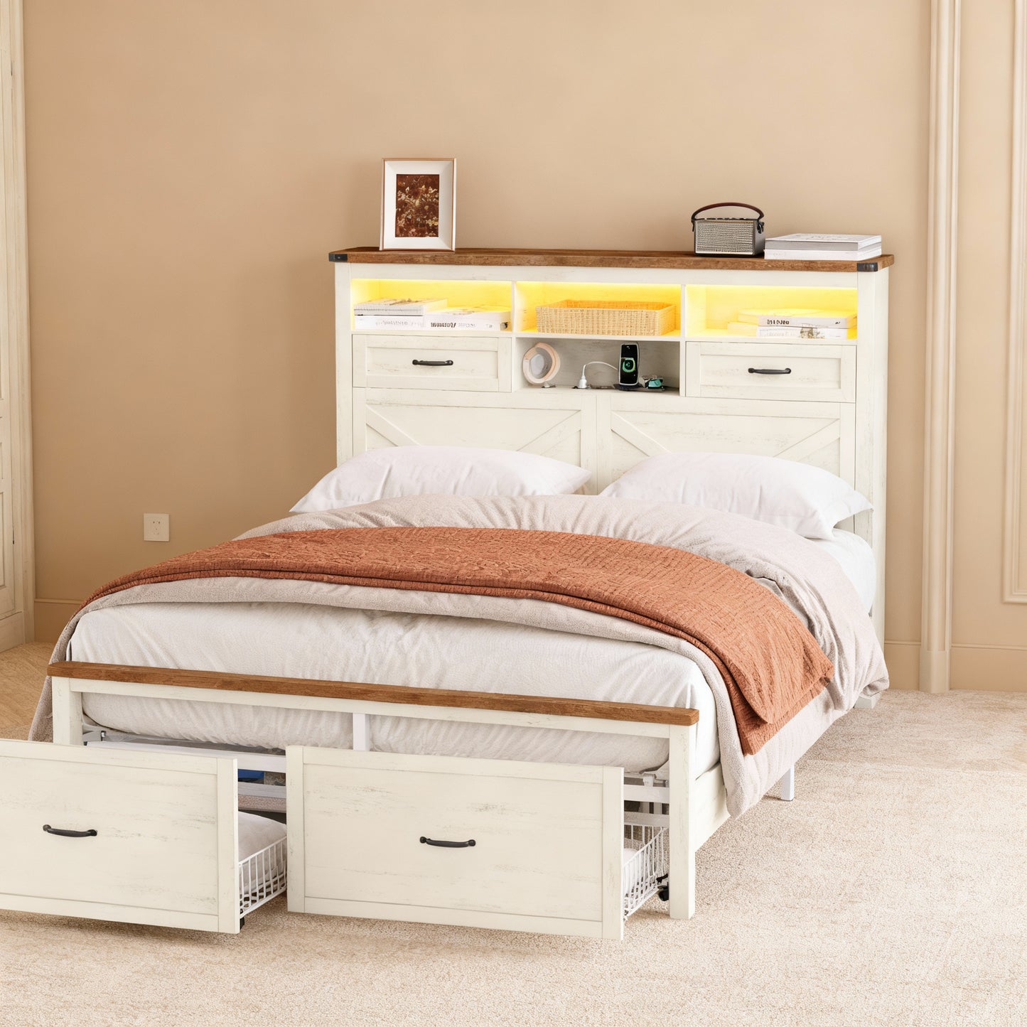 Queen Bed Frame with Storage Headboard, 51.3-Inch Tall Farmhouse Platform Bed with 4 Drawers, LED Lights & Charging Station, Noise-Free, Rustic White