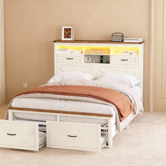Queen Bed Frame with Storage Headboard, 51.3-Inch Tall Farmhouse Platform Bed with 4 Drawers, LED Lights & Charging Station, Noise-Free, Rustic White