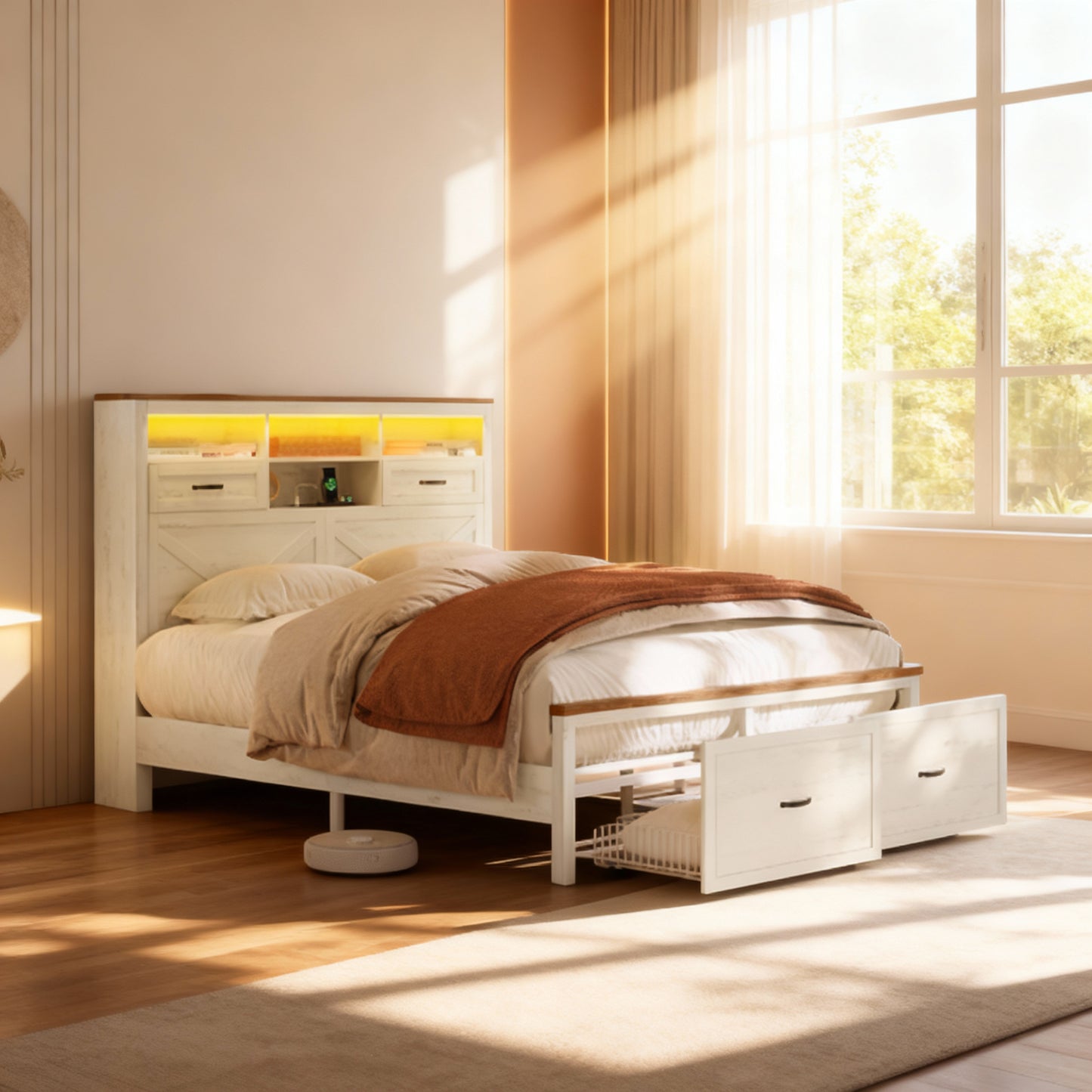 Queen Bed Frame with Storage Headboard, 51.3-Inch Tall Farmhouse Platform Bed with 4 Drawers, LED Lights & Charging Station, Noise-Free, Rustic White