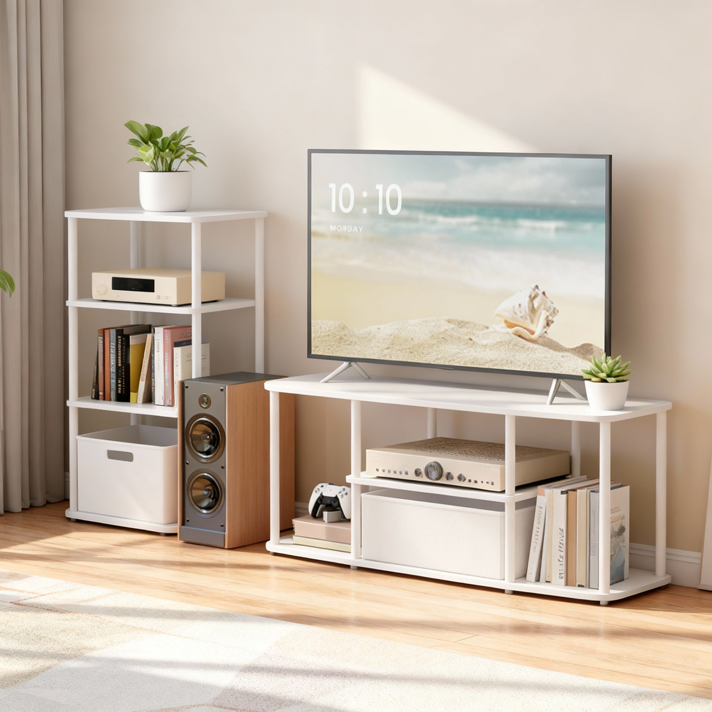 TV Stand for TVs up to 50 Inches, 3-Tier Media Cabinet with Shelves & Fabric Drawer, Tool-Free Assembly, Space-Saving, Snow White and Matte White