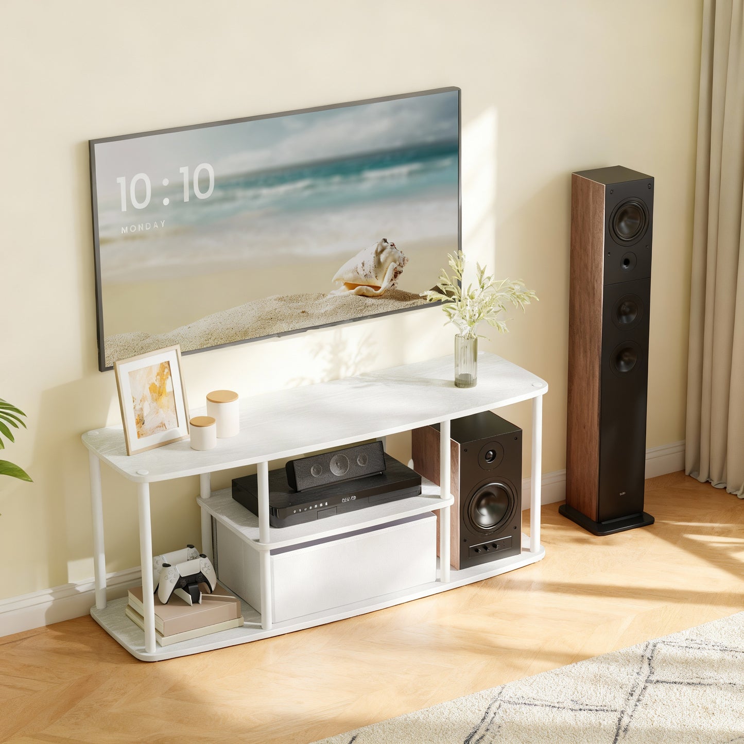TV Stand for TVs up to 50 Inches, 3-Tier Media Cabinet with Shelves & Fabric Drawer, Tool-Free Assembly, Space-Saving, Snow White and Matte White