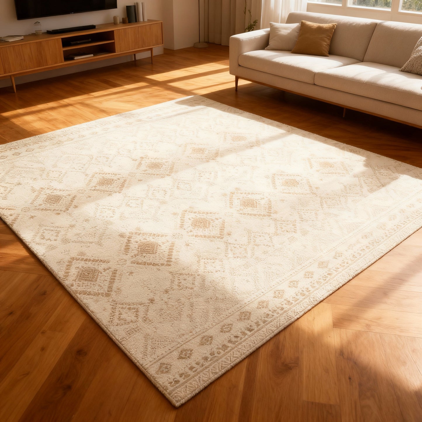 8x10 ft Area Rug for Bedroom and Living Room, Non-Slip Boho Carpet, Machine Washable, Soft Polyester Floor Mat, Sand Beige
