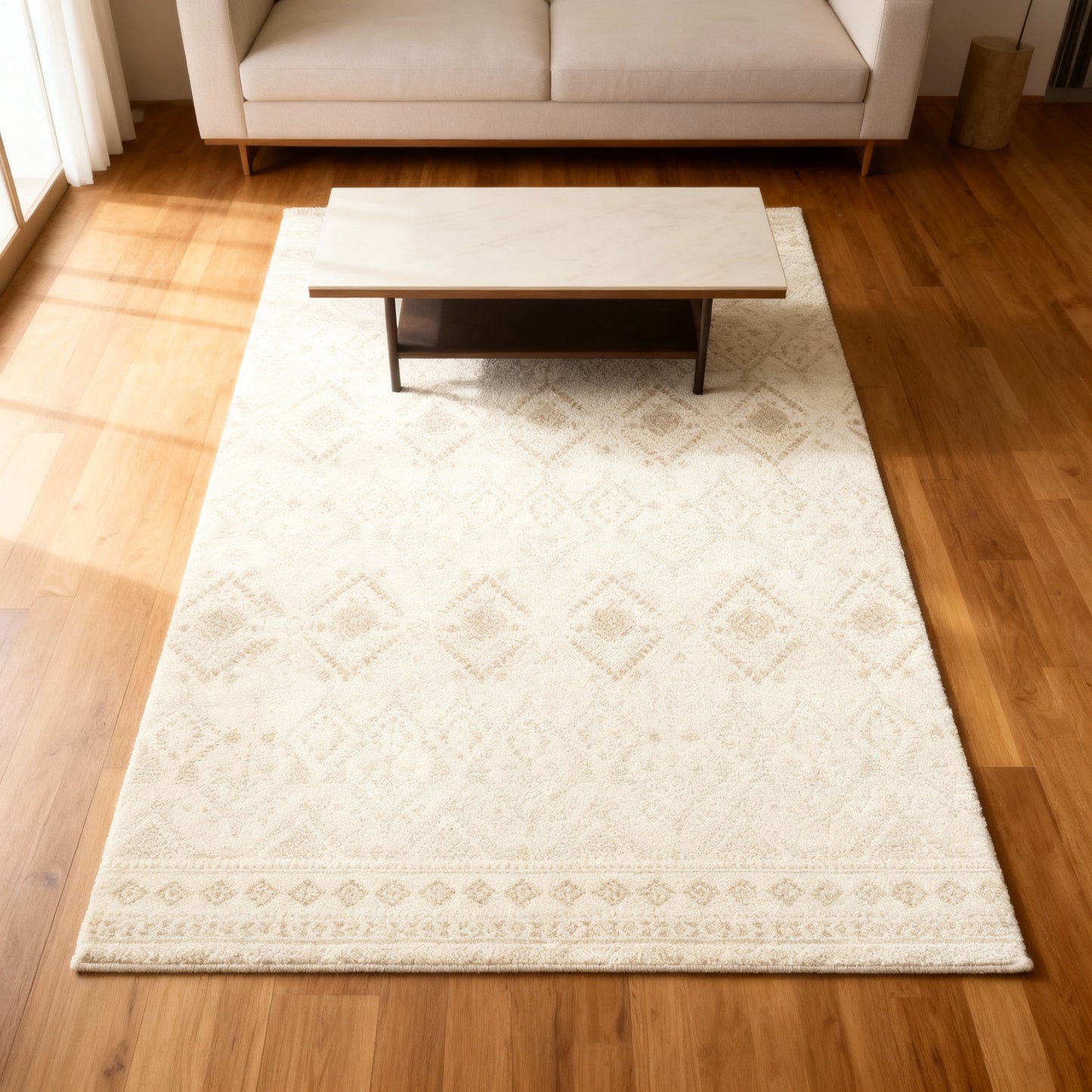 8x10 ft Area Rug for Bedroom and Living Room, Non-Slip Boho Carpet, Machine Washable, Soft Polyester Floor Mat, Sand Beige