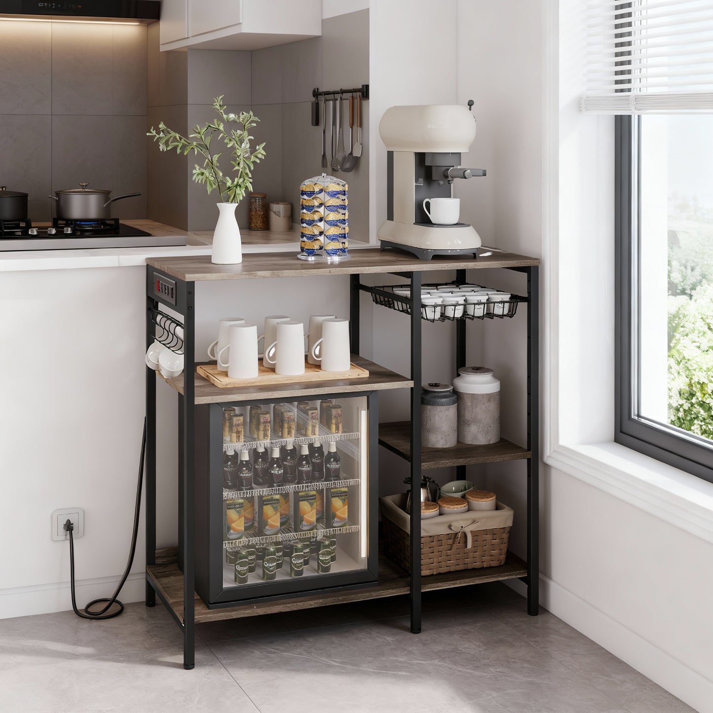 Baker's Rack with Power Outlet, Coffee Bar & Kitchen Storage Stand, 35.6-Inch Tall Table with Pull-Out Basket and Adjustable Shelves, Heather Greige and Ink Black