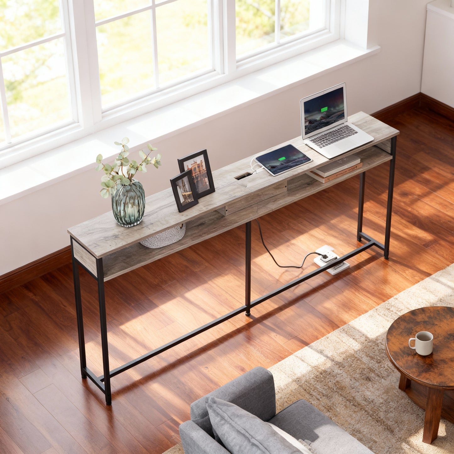 55.1-Inch Console Table with Charging Station, Slim Sofa or Entryway Table with Outlet & USB Ports, Shelves, Heather Greige and Ink Black