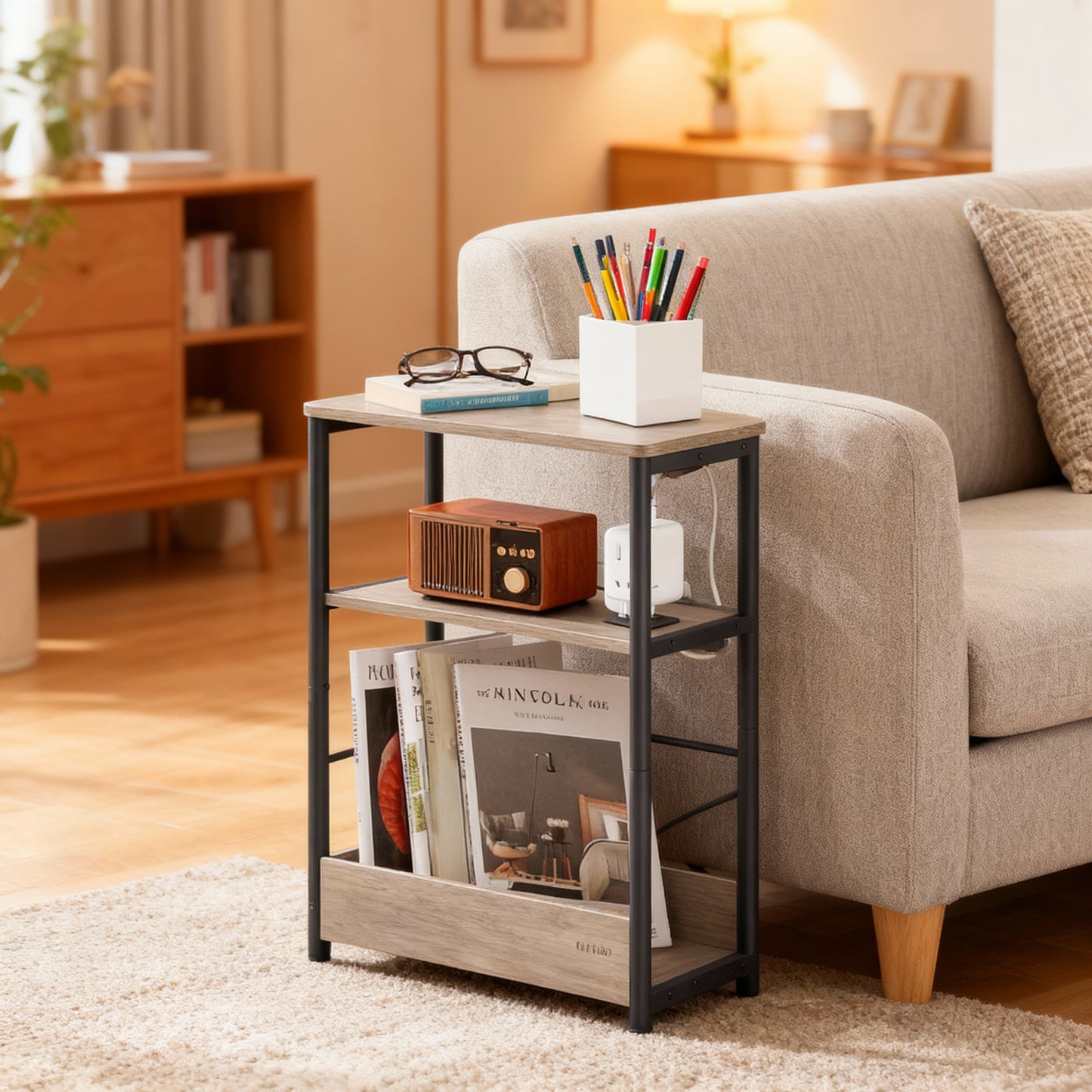 3-Tier Side Table with Charging Station, Narrow End Table and Nightstand for Small Spaces, Sofa Table with Magazine Rack, Heather Greige and Ink Black