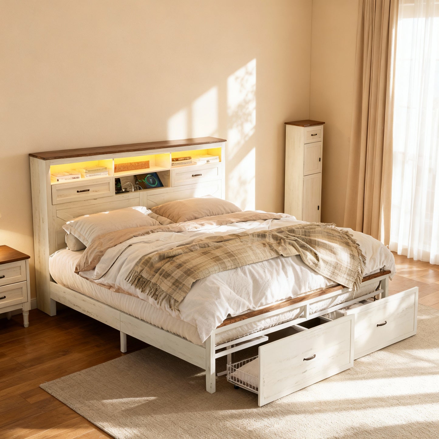 Farmhouse King Bed Frame with Storage Headboard, 4 Drawers, LED Lighting, Built-In Charging Station, Noise-Free, Rustic White