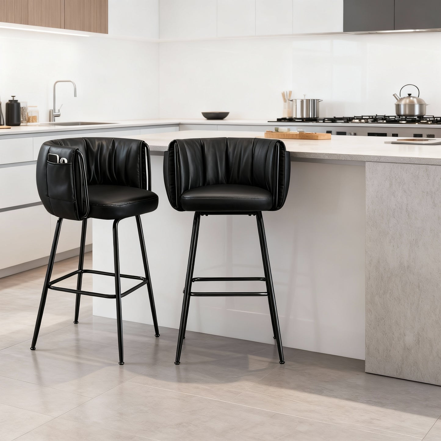Set of 2 360° Swivel Bar Stools with Curved Upholstered Back, Footrest, Metal Tapered Legs for Kitchen Island & Dining, Ink Black
