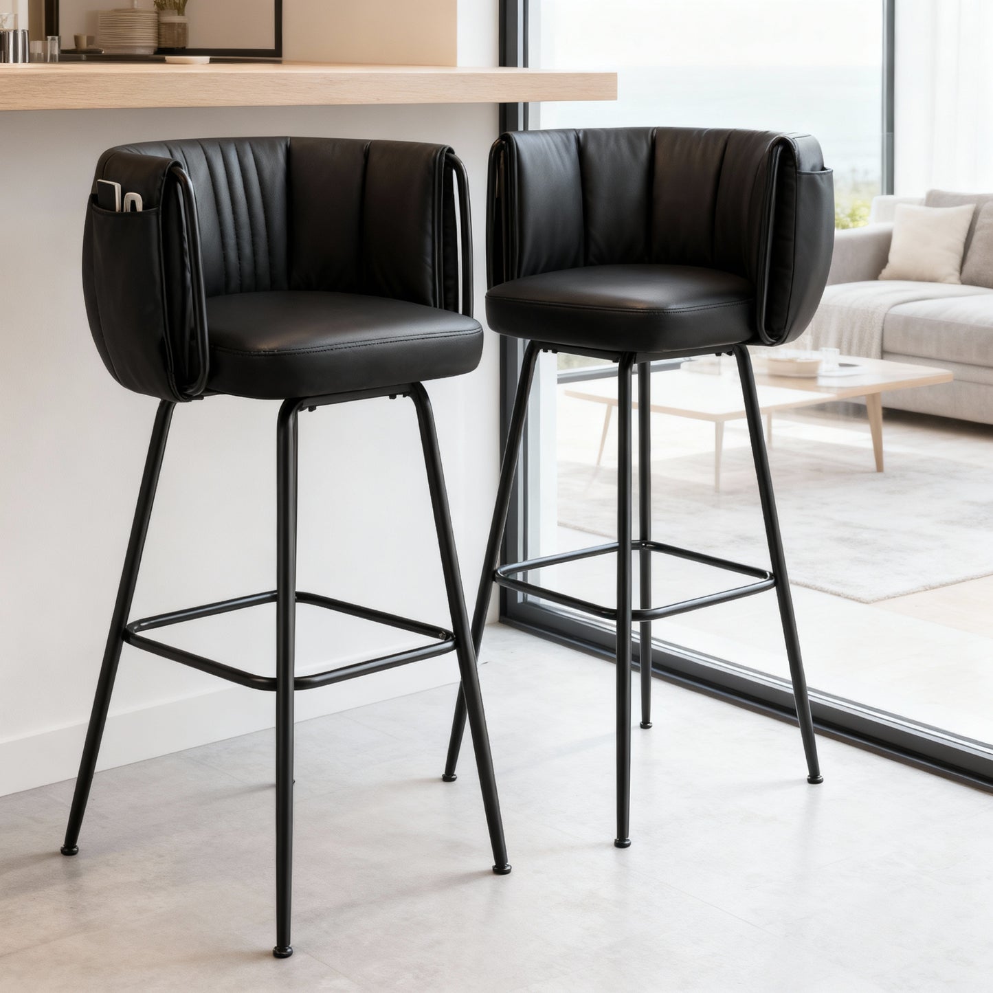 Set of 2 360° Swivel Bar Stools with Curved Upholstered Back, Footrest, Metal Tapered Legs for Kitchen Island & Dining, Ink Black