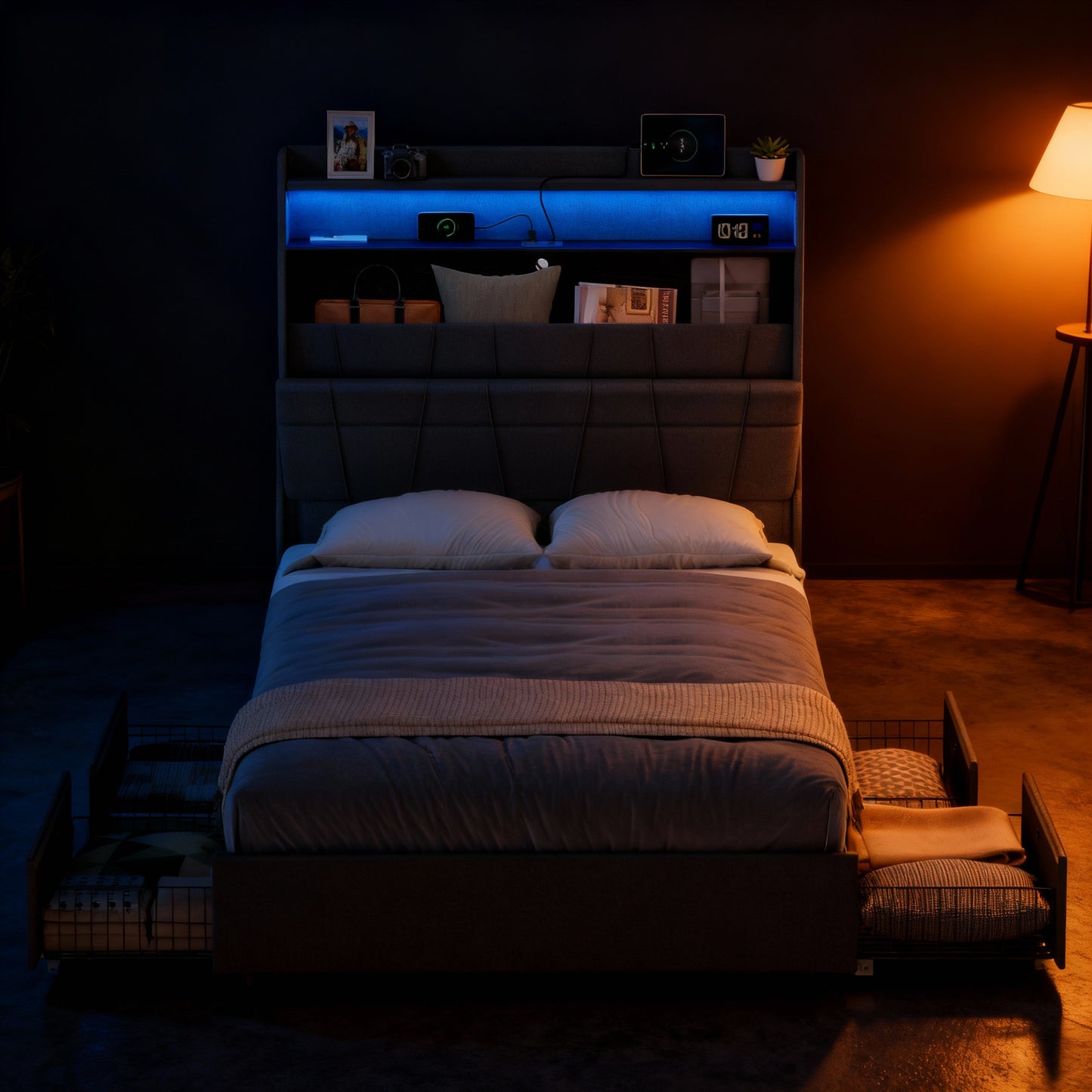 Queen Bed Frame with Storage Headboard, 4 Underbed Drawers on Wheels, LED Lights, Charging Station, Noise-Free, Modern, Dark Gray