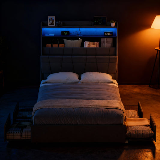 Queen Bed Frame with Storage Headboard, 4 Underbed Drawers on Wheels, LED Lights, Charging Station, Noise-Free, Modern, Dark Gray
