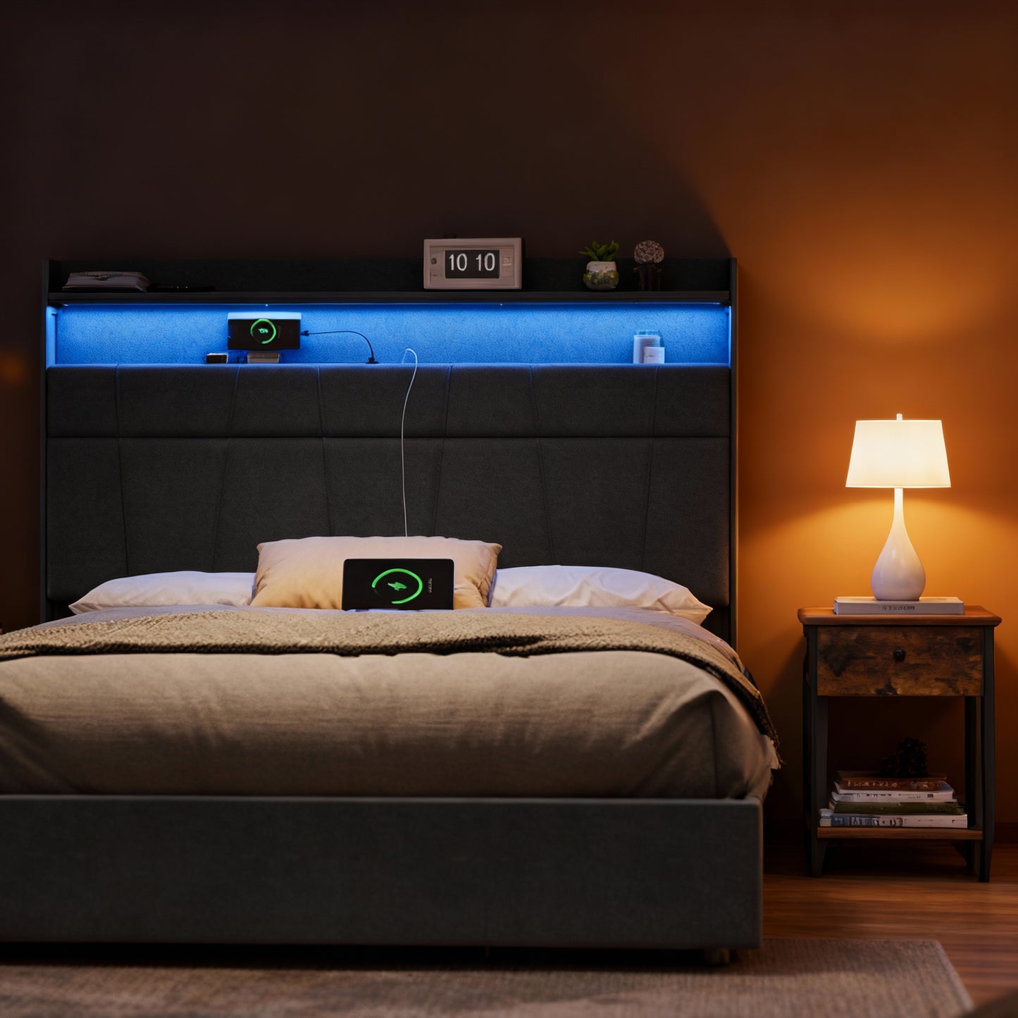 Queen Bed Frame with Storage Headboard, 4 Underbed Drawers on Wheels, LED Lights, Charging Station, Noise-Free, Modern, Dark Gray