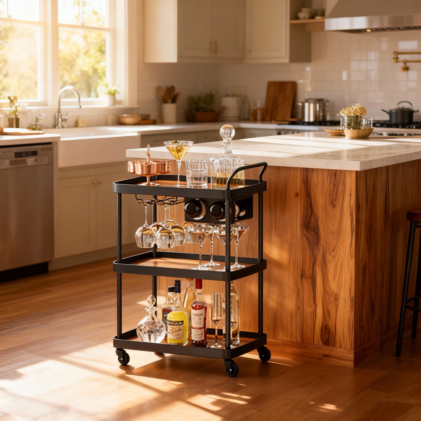 Bar Cart with 3-Tier Shelves, Rolling Serving Cart with Wine Rack and Glass Holder, Flexible Beverage and Microwave Cart, Natural Walnut and Black