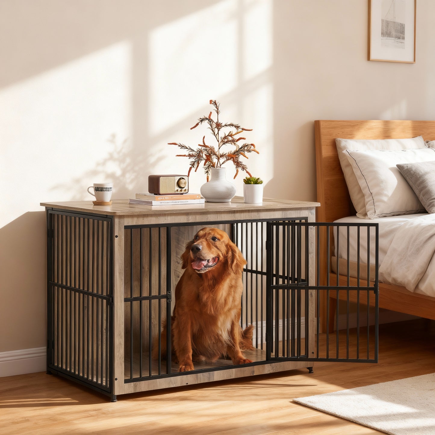43.3-Inch Double-Door Dog Crate Furniture with Enclosed Base, Heavy-Duty Kennel for Dogs up to 80 lb, Greige