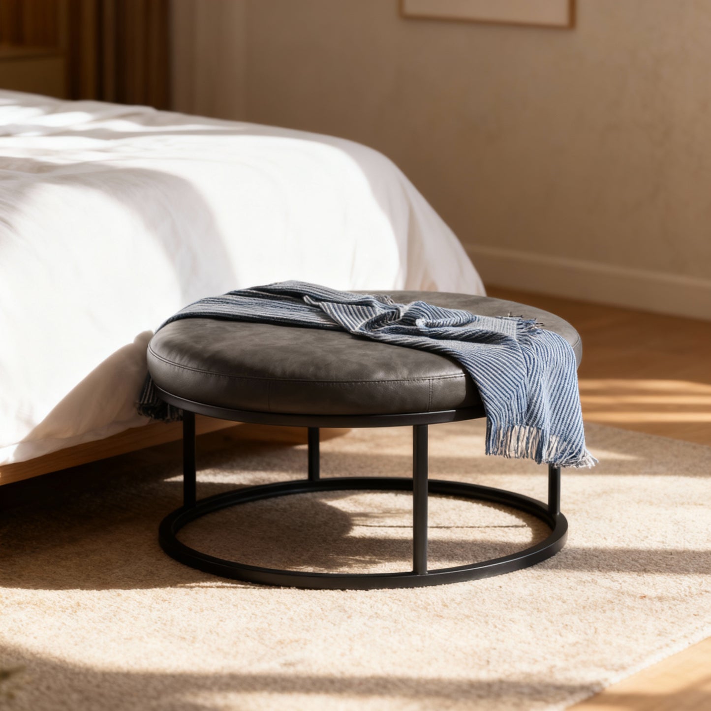 Round Ottoman Coffee Table with Reversible Top, Padded Seat, Steel Frame, Multi-Functional Footstool and Side Table, Ink Black