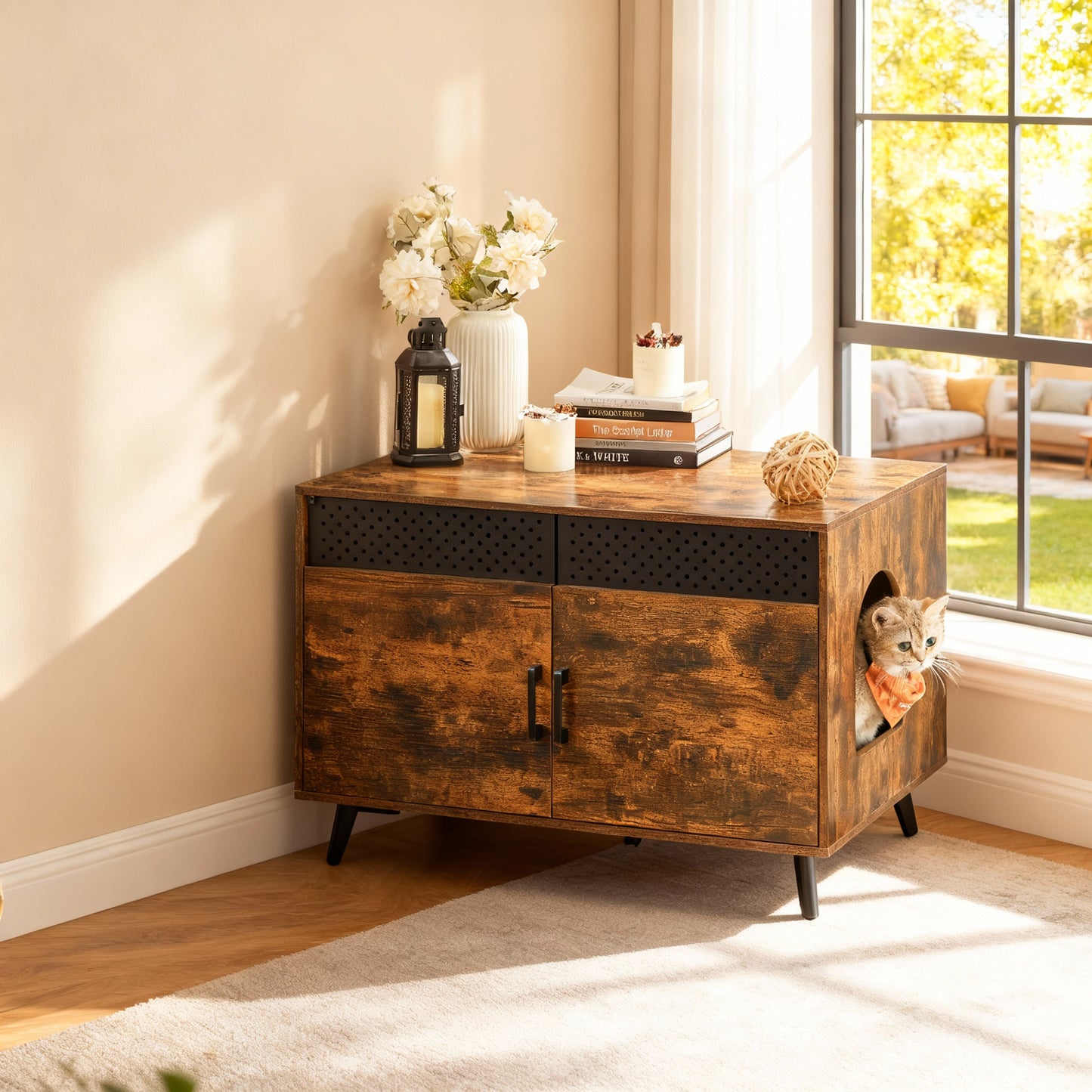 Cat Litter Box Enclosure Furniture with Removable Divider, High Legs, Hidden Cat House and Side End Table, Rustic Brown