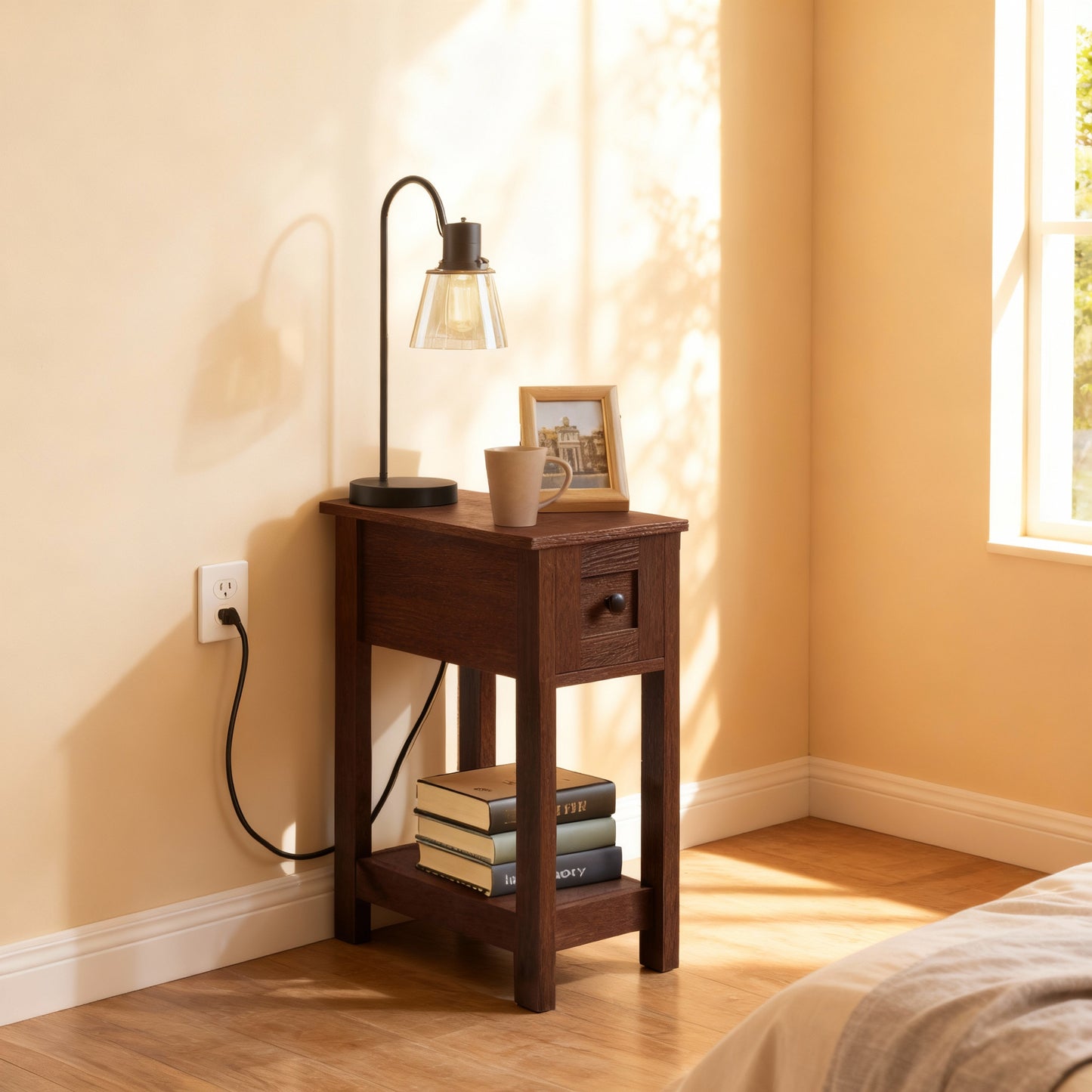 Farmhouse End Table with Storage Drawer, Narrow Side Table with Charging Station, Nightstand for Living Room Bedroom, Saddle Brown
