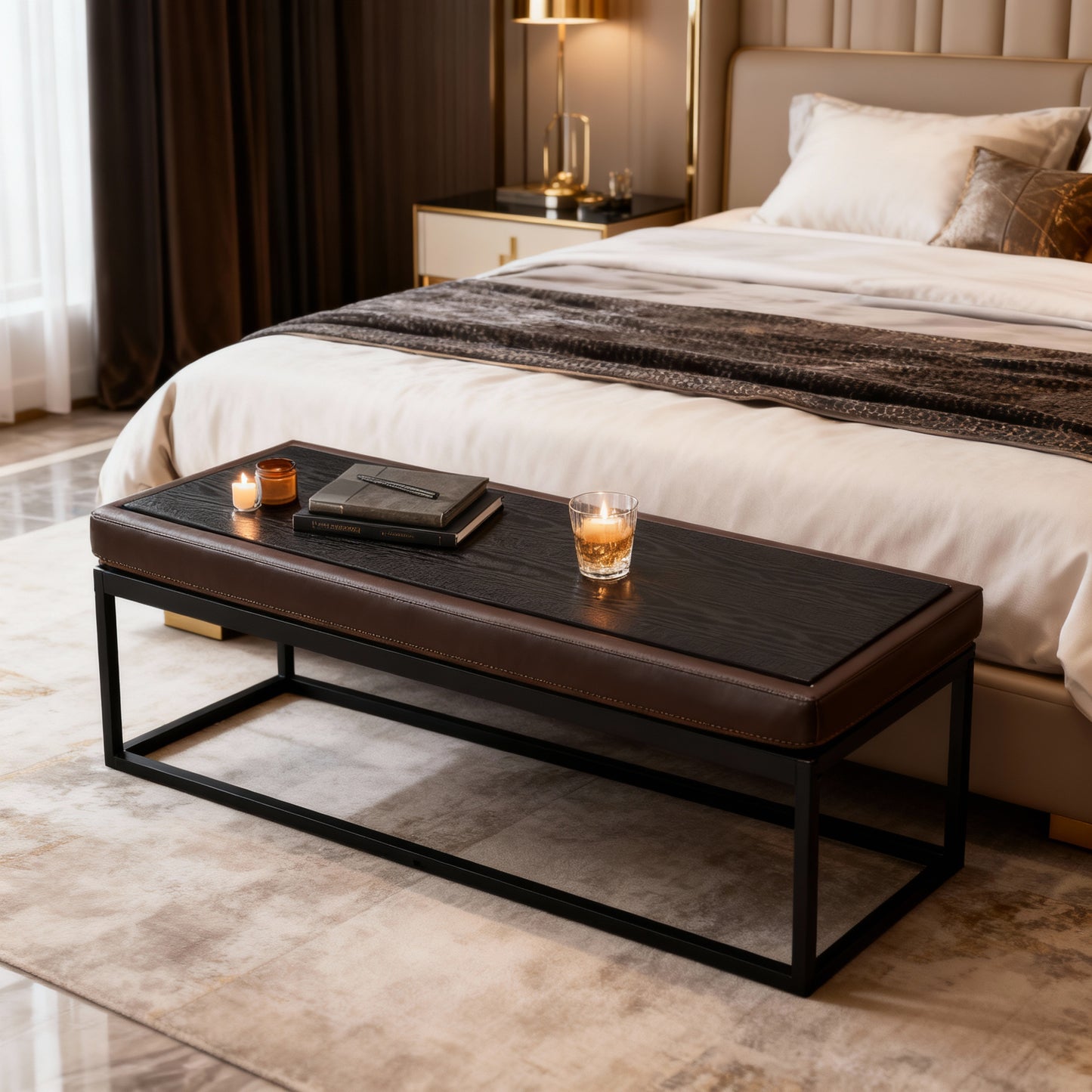 Ottoman Bench with Reversible Top and Removable Shelf, End of Bed or Entryway Seat, Shoe Storage, Max 660 lb, Walnut Brown